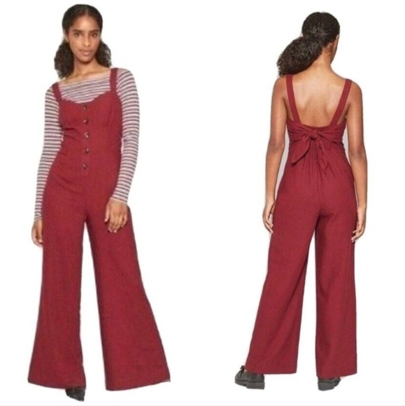 Wild‎ Fable Wide Leg Burgundy Jumpsuit Button Front Tie Back Boho Women's Small - Picture 1 of 10